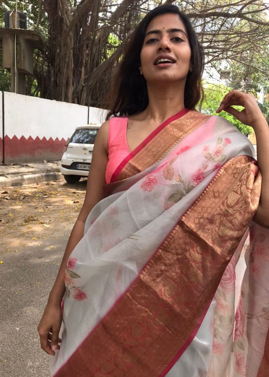 Pure Pale Grey Printed Organza Saree