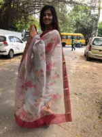 Pure Pale Grey Printed Organza Saree - Image 4