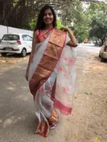 Pure Pale Grey Printed Organza Saree - Image 5
