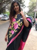 Black Pure Silk Saree with Hand Painted Florals