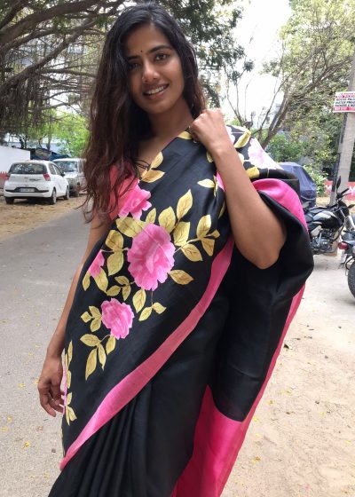 Black Pure Silk Saree with Hand Painted Florals