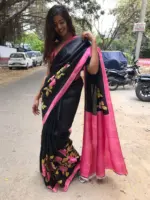 Black Pure Silk Saree with Hand Painted Florals - Image 2
