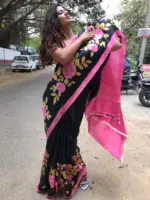 Black Pure Silk Saree with Hand Painted Florals - Image 4