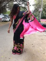 Black Pure Silk Saree with Hand Painted Florals - Image 3