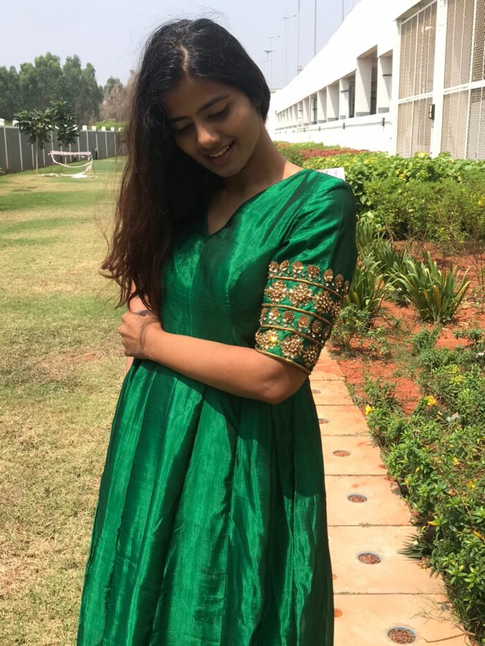 Green Silk Dress adorned with Hand Embroidery