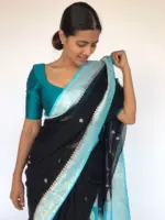 Black Chiffon Saree with Silver Zari Kadwa Motifs