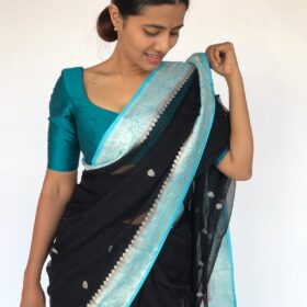 Black Chiffon Saree with Silver Zari Kadwa Motifs