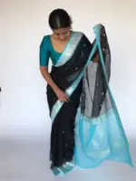 Black Chiffon Saree with Silver Zari Kadwa Motifs - Image 4