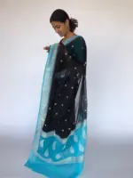 Black Chiffon Saree with Silver Zari Kadwa Motifs - Image 3