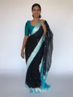 Black Chiffon Saree with Silver Zari Kadwa Motifs - Image 5