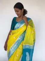 Lemon Yellow Chiffon Saree with Silver Zari Kadwa Motifs