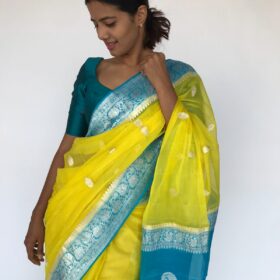 Lemon Yellow Chiffon Saree with Silver Zari Kadwa Motifs