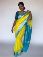 Lemon Yellow Chiffon Saree with Silver Zari Kadwa Motifs - Image 5