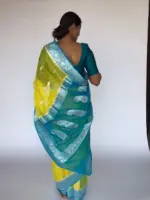 Lemon Yellow Chiffon Saree with Silver Zari Kadwa Motifs - Image 4