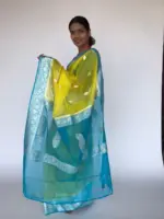 Lemon Yellow Chiffon Saree with Silver Zari Kadwa Motifs - Image 3