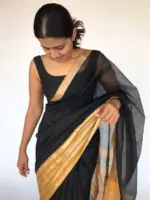 Black Mangalagiri Silk Saree with contrast Silver Zari Weaves - Image 4
