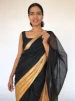 Black Mangalagiri Silk Saree with contrast Silver Zari Weaves - Image 3