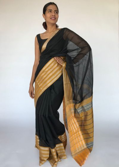Black Mangalagiri Silk Saree with contrast Silver Zari Weaves