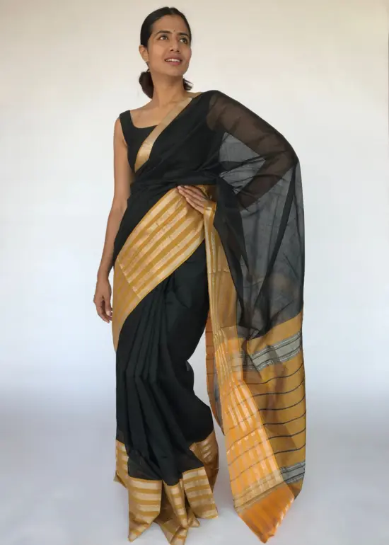 Black Mangalagiri Silk Saree with contrast Silver Zari Weaves