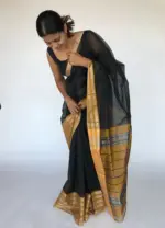 Black Mangalagiri Silk Saree with contrast Silver Zari Weaves - Image 5
