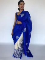 Block Printed Royal Blue Pure Silk Saree - Image 4