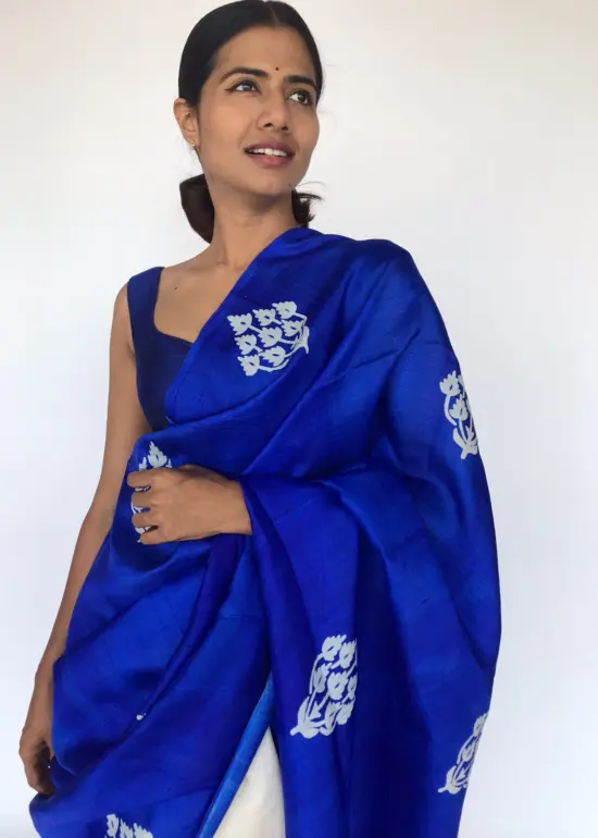 Block Printed Royal Blue Pure Silk Saree