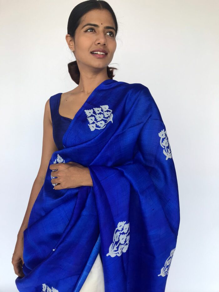 Block Printed Royal Blue Pure Silk Saree