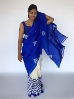 Block Printed Royal Blue Pure Silk Saree - Image 6