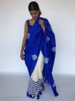 Block Printed Royal Blue Pure Silk Saree - Image 5