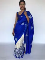 Block Printed Royal Blue Pure Silk Saree - Image 3