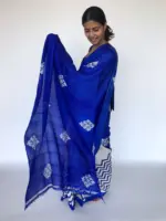 Block Printed Royal Blue Pure Silk Saree - Image 2