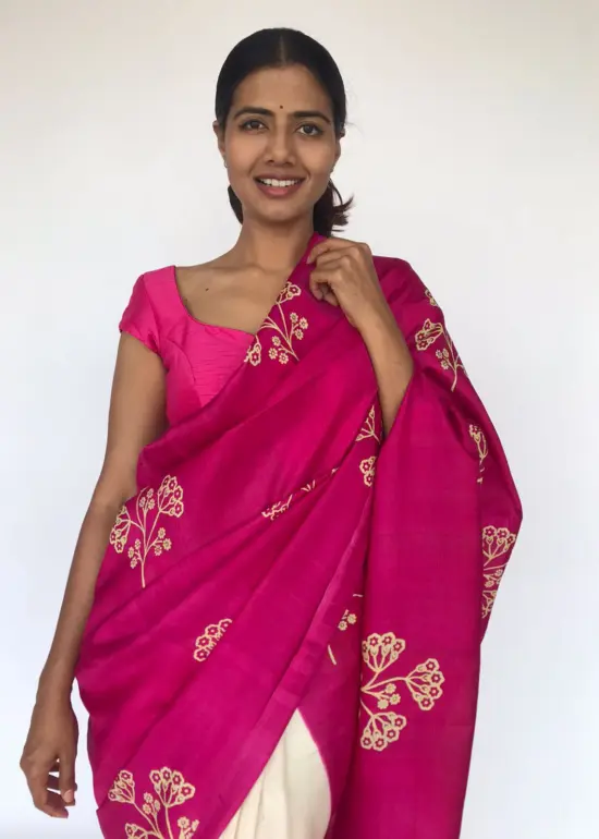 Block Printed Hot Pink Pure Silk Saree