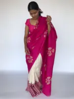 Block Printed Hot Pink Pure Silk Saree - Image 5