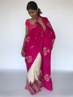 Block Printed Hot Pink Pure Silk Saree - Image 2