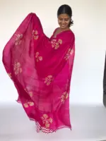 Block Printed Hot Pink Pure Silk Saree - Image 3