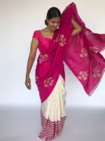 Block Printed Hot Pink Pure Silk Saree - Image 4