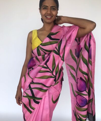 Hand Painted Creamy Pink Pure Silk Saree