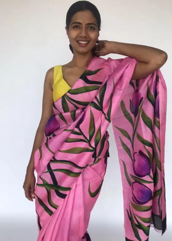 Hand Painted Creamy Pink Pure Silk Saree