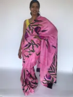 Hand Painted Creamy Pink Pure Silk Saree - Image 2