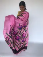 Hand Painted Creamy Pink Pure Silk Saree - Image 5
