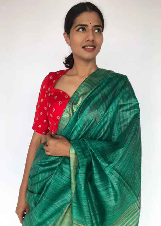 Teal Green Tussar Silk Saree