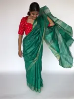Teal Green Tussar Silk Saree - Image 4