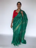 Teal Green Tussar Silk Saree - Image 2
