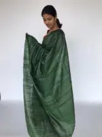 Moss Green Tussar Jute Silk Saree - Image 3