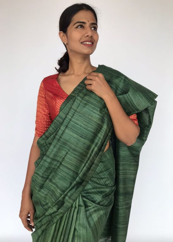 Moss Green Tussar Jute Silk Saree