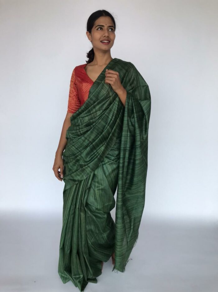 Moss Green Tussar Jute Silk Saree