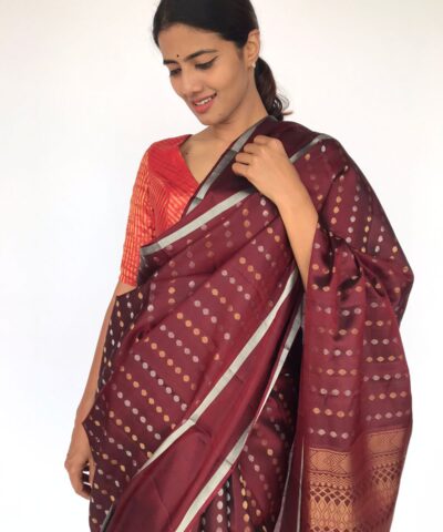Brown Kanjivaram Silk Saree with Silver and Gold Zari Buttas