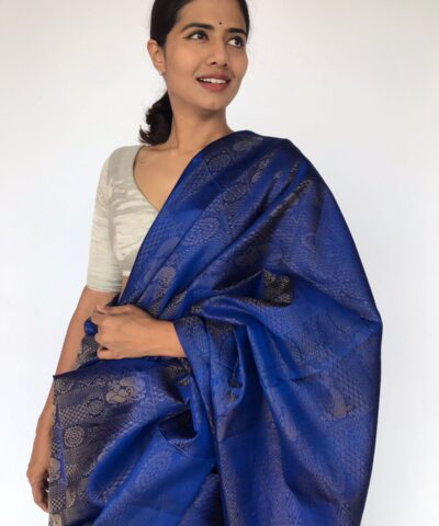 Royal Blue Kanjivaram Silk Saree with Gold Zari Brocade Weaves