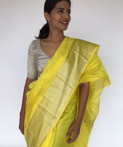 Yellow Mangalagiri Silk Saree with Silver Zari Weaves