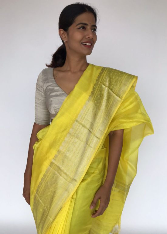 Yellow Mangalagiri Silk Saree with Silver Zari Weaves